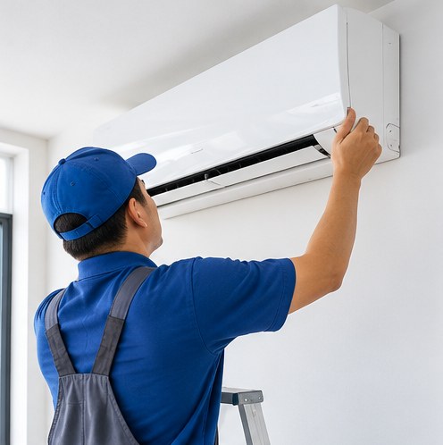 Technician installing a wall-mounted air conditioner