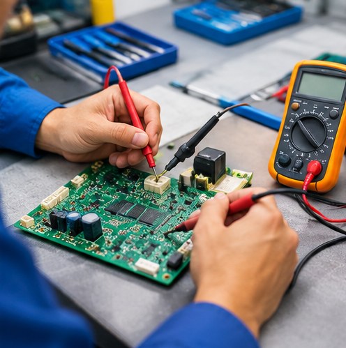 Technician diagnosing an air-conditioner circuit board